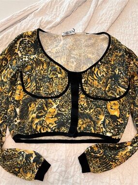 AMUR Ninetta Cheetah Print Cardigan M Bustier Seam Crop Big Cat Organic Cotton
